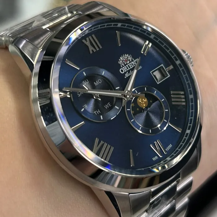 Relógio Orient Automático Sun and Moon Safira YN6SS034 Azul Aço 39mm 100m | Taniguchi Relógios
