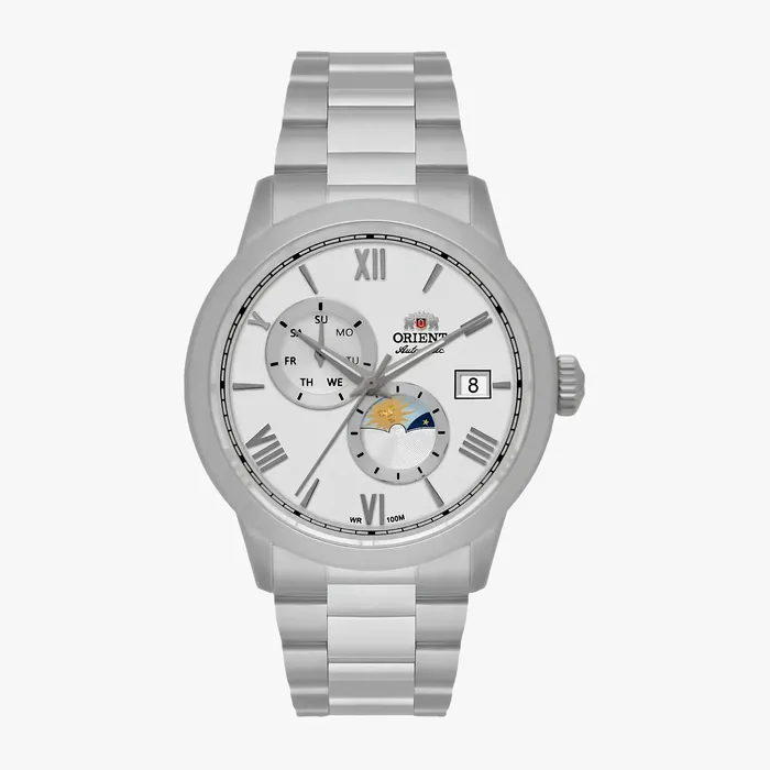 Relógio Orient Automático Sun and Moon Safira YN6SS034 Branco Aço 39mm 100m | Taniguchi Relógios