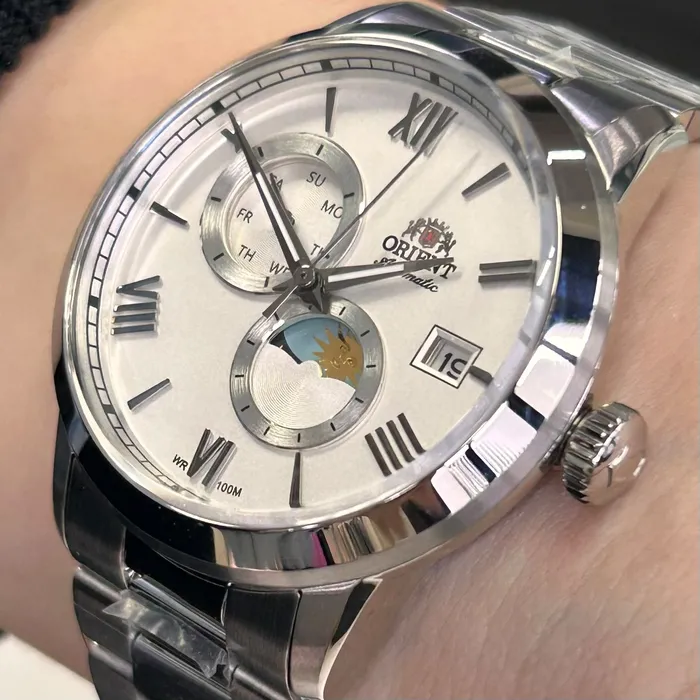Relógio Orient Automático Sun and Moon Safira YN6SS034 Branco Aço 39mm 100m | Taniguchi Relógios
