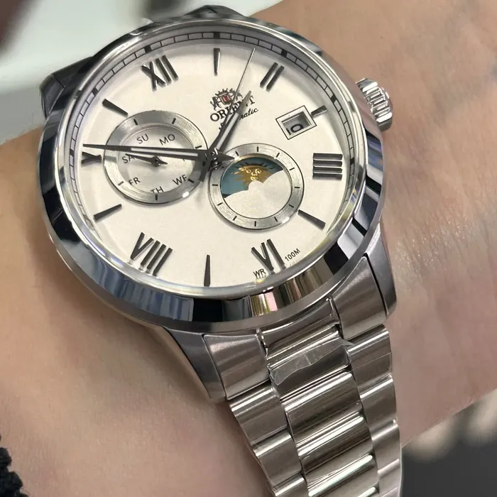 Relógio Orient Automático Sun and Moon Safira YN6SS034 Branco Aço 39mm 100m | Taniguchi Relógios