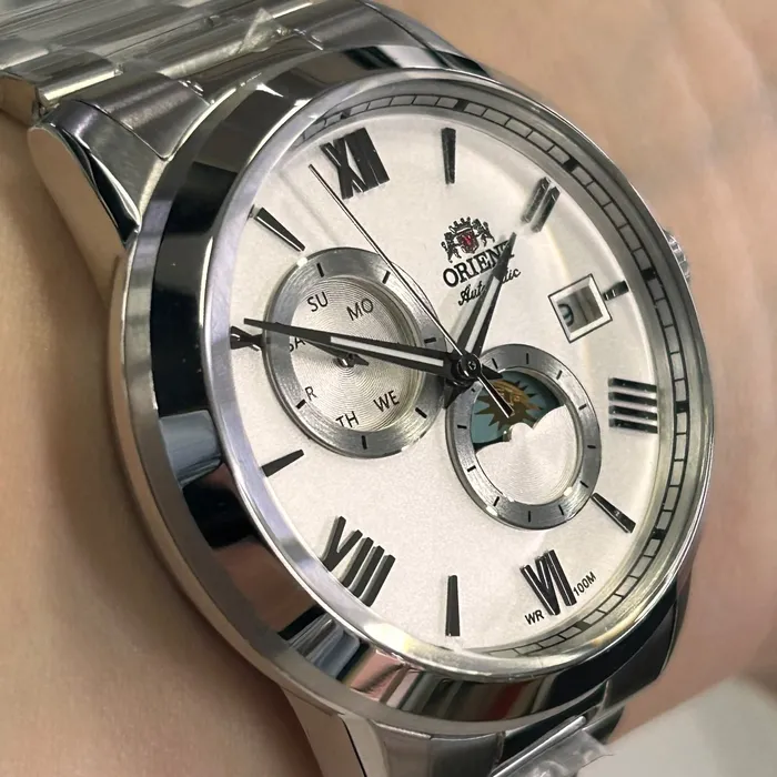 Relógio Orient Automático Sun and Moon Safira YN6SS034 Branco Aço 39mm 100m | Taniguchi Relógios