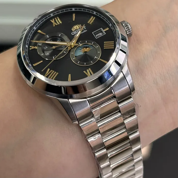 Relógio Orient Automático Sun and Moon Safira YN6SS034 Preto Aço 39mm 100m | Taniguchi Relógios
