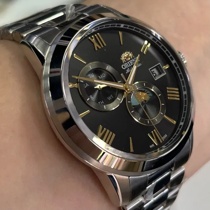 Relógio Orient Automático Sun and Moon Safira YN6SS034 Preto Aço 39mm 100m | Taniguchi Relógios