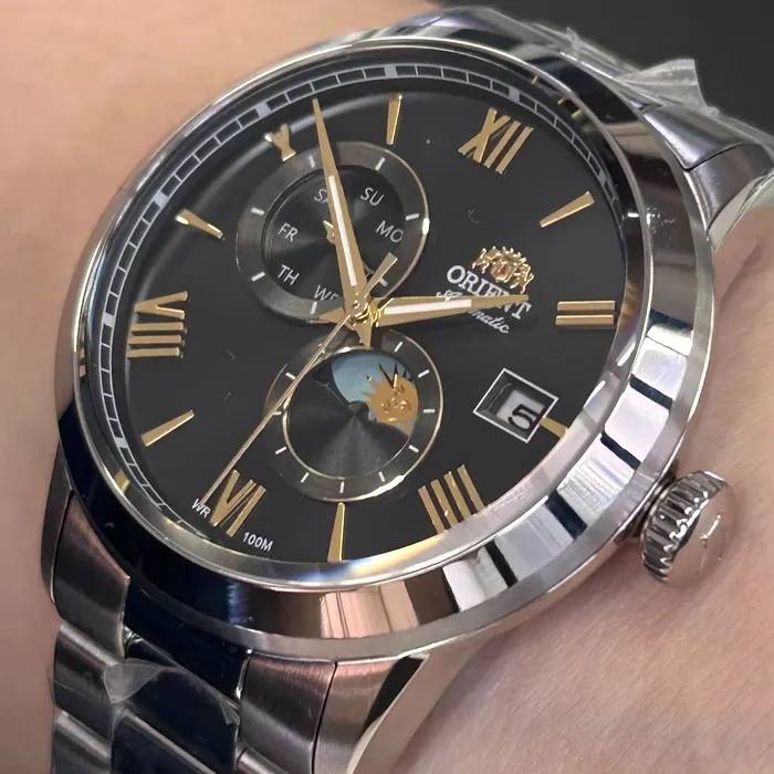 Relógio Orient Automático Sun and Moon Safira YN6SS034 Preto Aço 39mm 100m | Taniguchi Relógios