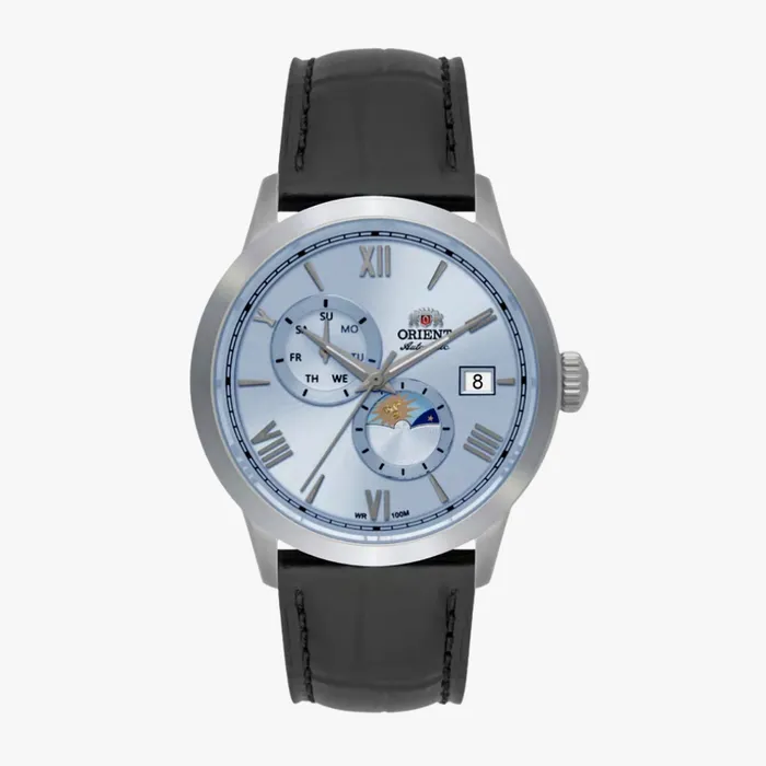 Relógio Orient Automático Sun and Moon Safira YN6SC034 Azul Celeste Couro 39mm 100m | Taniguchi Relógios