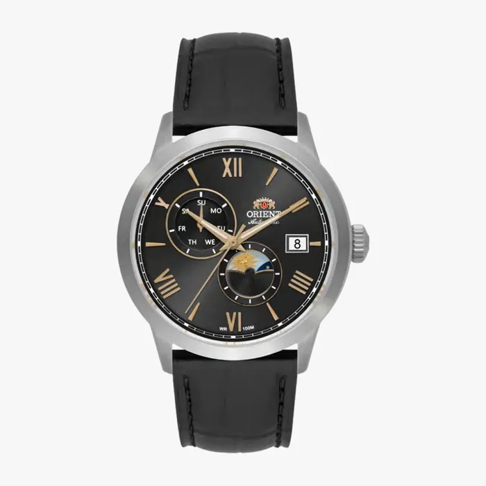 Relógio Orient Automático Sun and Moon Safira YN6SC034 Preto Couro 39mm 100m | Taniguchi Relógios