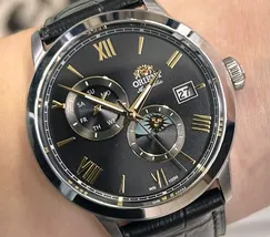 Relógio Orient Automático Sun and Moon Safira YN6SC034 Preto Couro 39mm 100m | Taniguchi Relógios - imagem 1