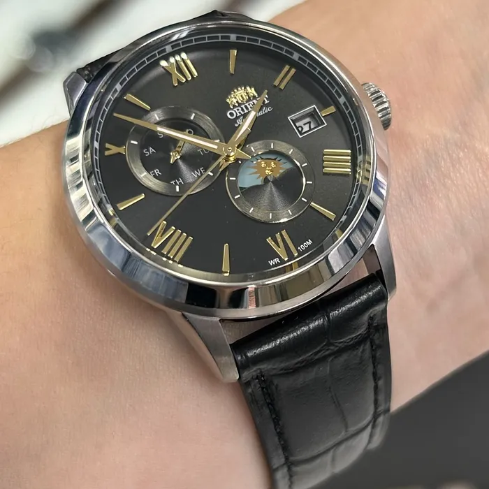 Relógio Orient Automático Sun and Moon Safira YN6SC034 Preto Couro 39mm 100m | Taniguchi Relógios