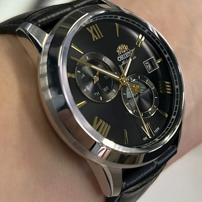 Relógio Orient Automático Sun and Moon Safira YN6SC034 Preto Couro 39mm 100m | Taniguchi Relógios