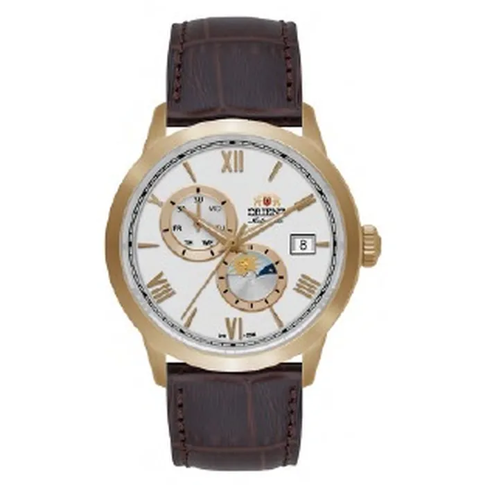 Relógio Orient Automático Sun and Moon Safira YN6GC034 Branco Dourado Couro 39mm 100m | Taniguchi Relógios