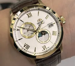 Relógio Orient Automático Sun and Moon Safira YN6GC034 Branco Dourado Couro 39mm 100m | Taniguchi Relógios - imagem 1