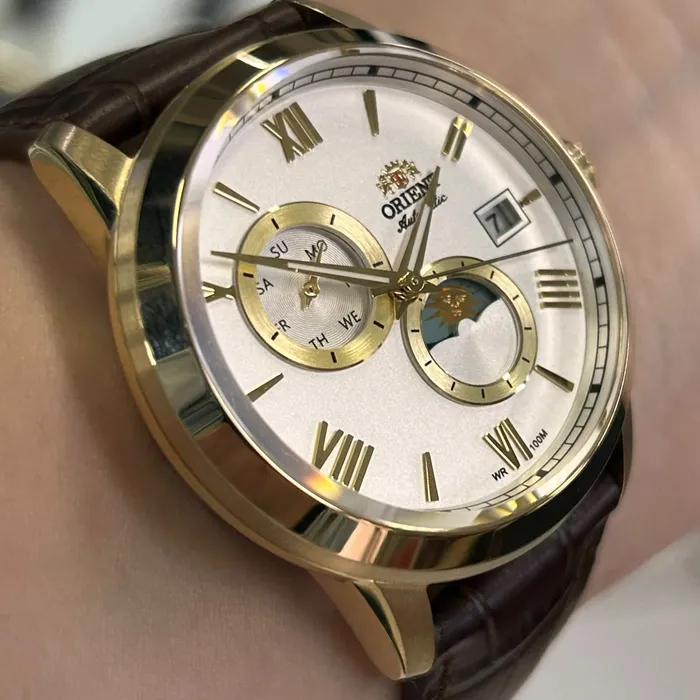 Relógio Orient Automático Sun and Moon Safira YN6GC034 Branco Dourado Couro 39mm 100m | Taniguchi Relógios