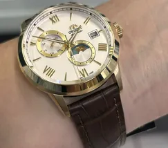 Relógio Orient Automático Sun and Moon Safira YN6GC034 Branco Dourado Couro 39mm 100m | Taniguchi Relógios - imagem 5