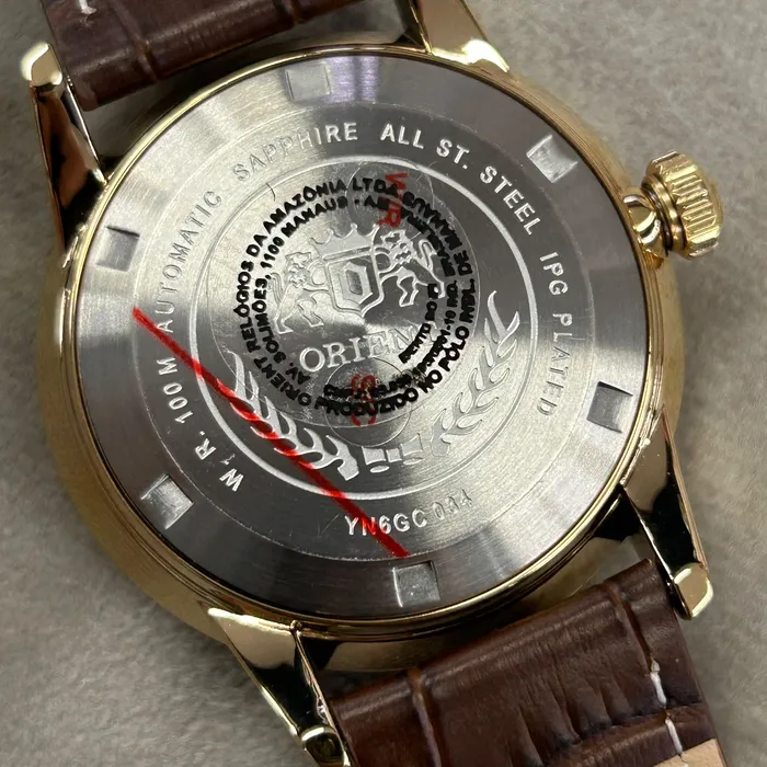 Relógio Orient Automático Sun and Moon Safira YN6GC034 Branco Dourado Couro 39mm 100m | Taniguchi Relógios