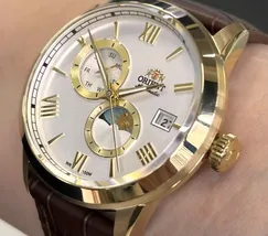Relógio Orient Automático Sun and Moon Safira YN6GC034 Branco Dourado Couro 39mm 100m | Taniguchi Relógios - imagem 4
