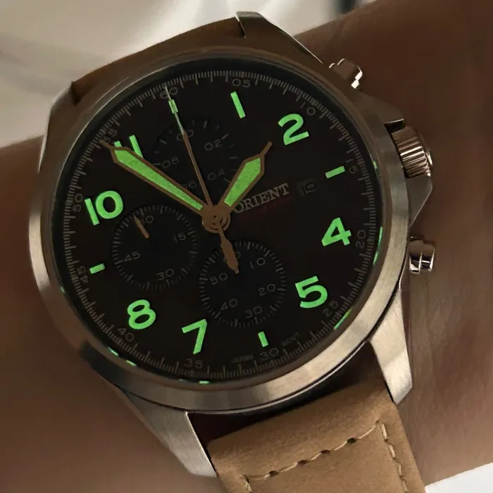Relógio Orient Solartech Cronógrafo Sports Land MBSCC071 Cobre Couro 42mm 100m | Taniguchi Relógios