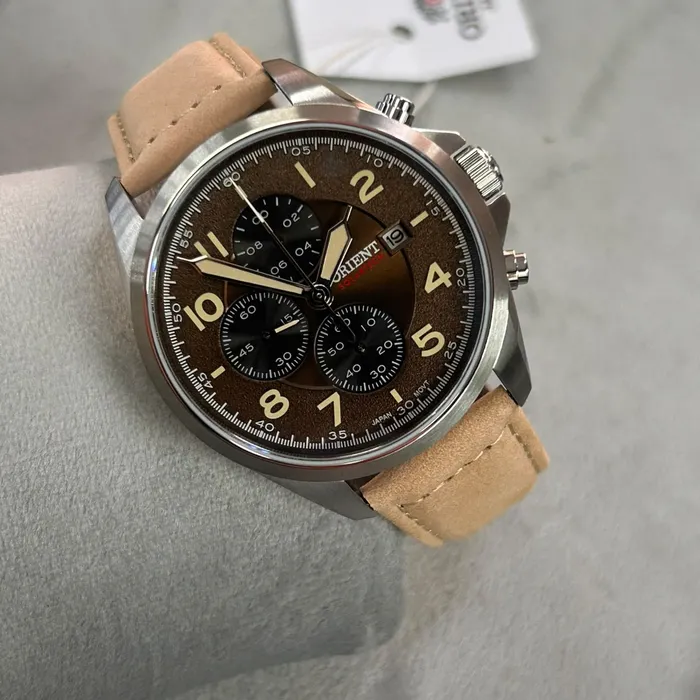 Relógio Orient Solartech Cronógrafo Sports Land MBSCC071 Cobre Couro 42mm 100m | Taniguchi Relógios