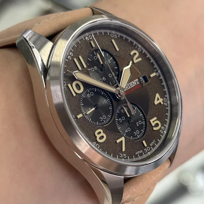 Relógio Orient Solartech Cronógrafo Sports Land MBSCC071 Cobre Couro 42mm 100m | Taniguchi Relógios