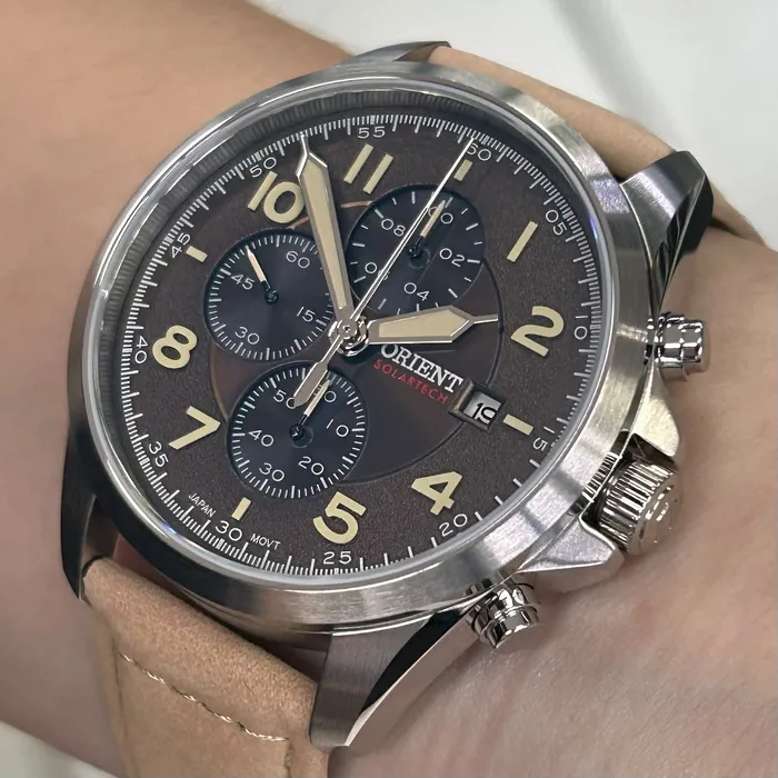 Relógio Orient Solartech Cronógrafo Sports Land MBSCC071 Cobre Couro 42mm 100m | Taniguchi Relógios