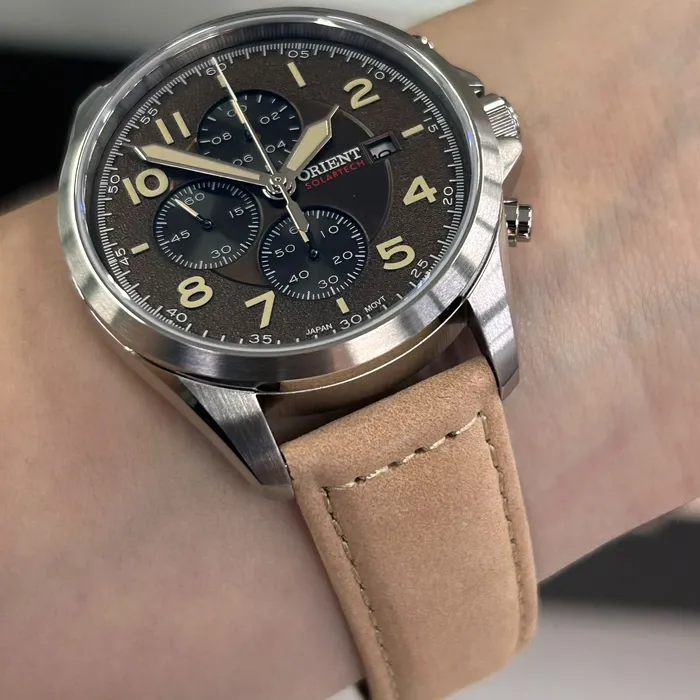 Relógio Orient Solartech Cronógrafo Sports Land MBSCC071 Cobre Couro 42mm 100m | Taniguchi Relógios