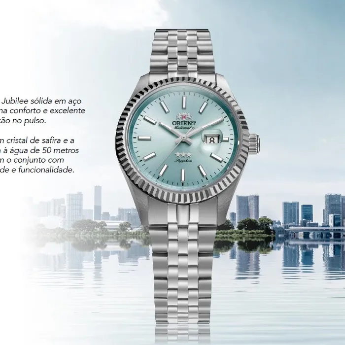 Relógio Orient 3 Estrelas Automático Feminino Safira NH5SS002 Azul Celeste 32mm 50m | Taniguchi Relógios
