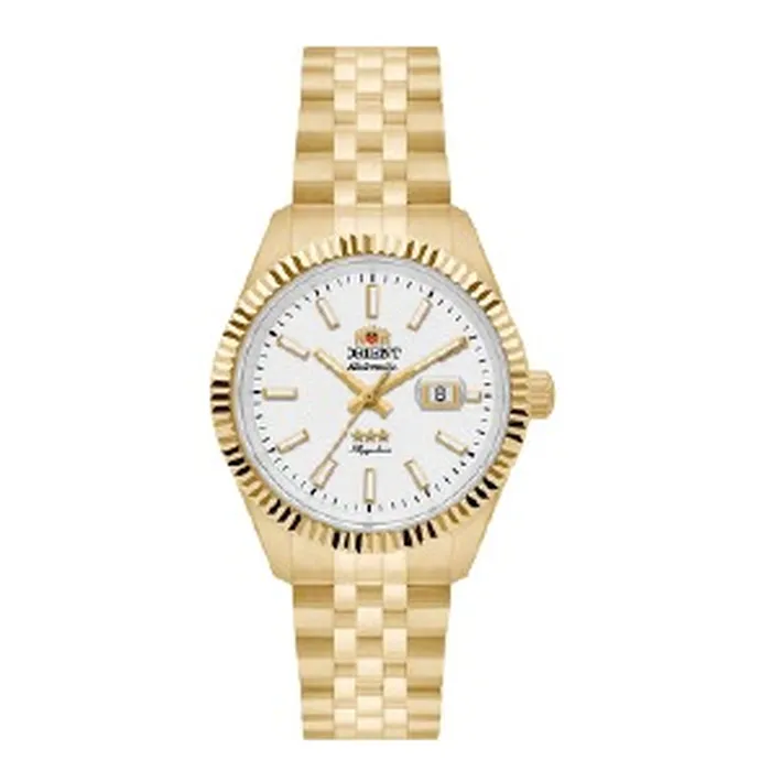 Relógio Orient 3 Estrelas Automático Feminino Safira NH5GG002 Dourado Branco 32mm 50m | Taniguchi Relógios