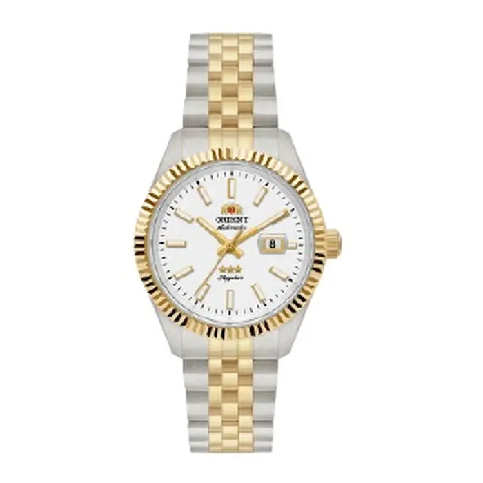 Relógio Orient 3 Estrelas Automático Feminino Safira NH5TT002 Bicolor Branco 32mm 50m | Taniguchi Relógios