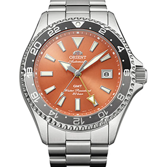 Relógio Orient Mako GMT Safira RA-BC0004Y30B Laranja 42,8mm 200m | Taniguchi Relógios