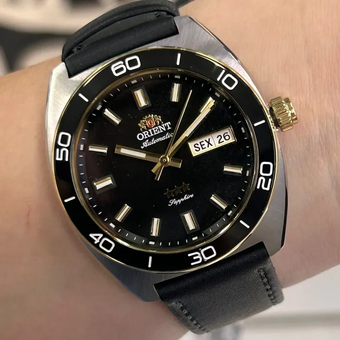 Relógio Orient Elegance Safira YN6MC019A-P1PX Preto 40mm Couro | Taniguchi Relógios