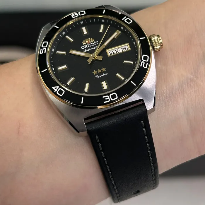 Relógio Orient Elegance Safira YN6MC019A-P1PX Preto 40mm Couro | Taniguchi Relógios