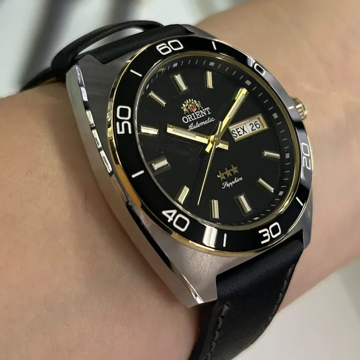 Relógio Orient Elegance Safira YN6MC019A-P1PX Preto 40mm Couro | Taniguchi Relógios