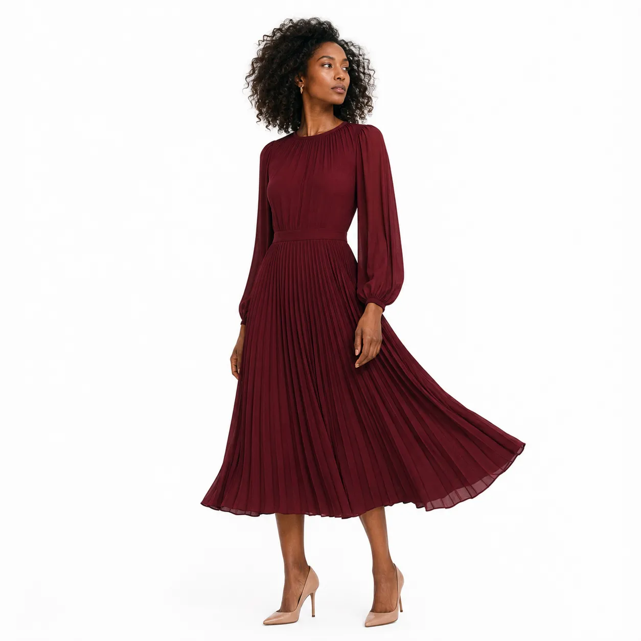 Vestido Midi Plissado Vinho