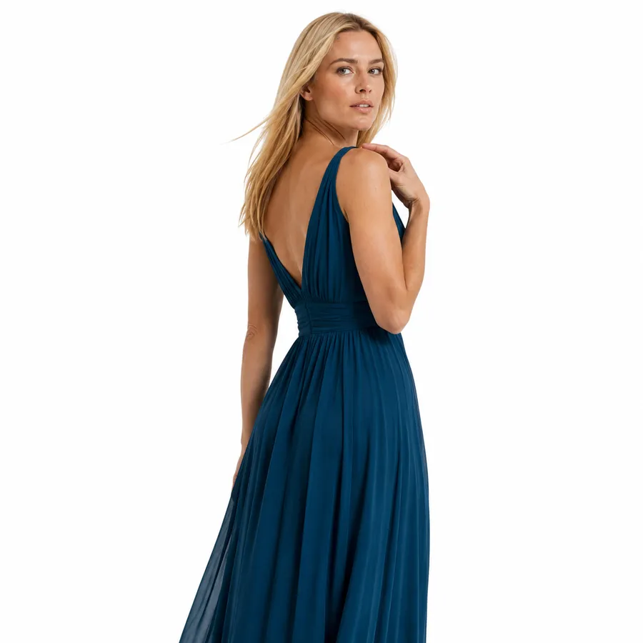 Vestido Longo Fluido Azul Petróleo