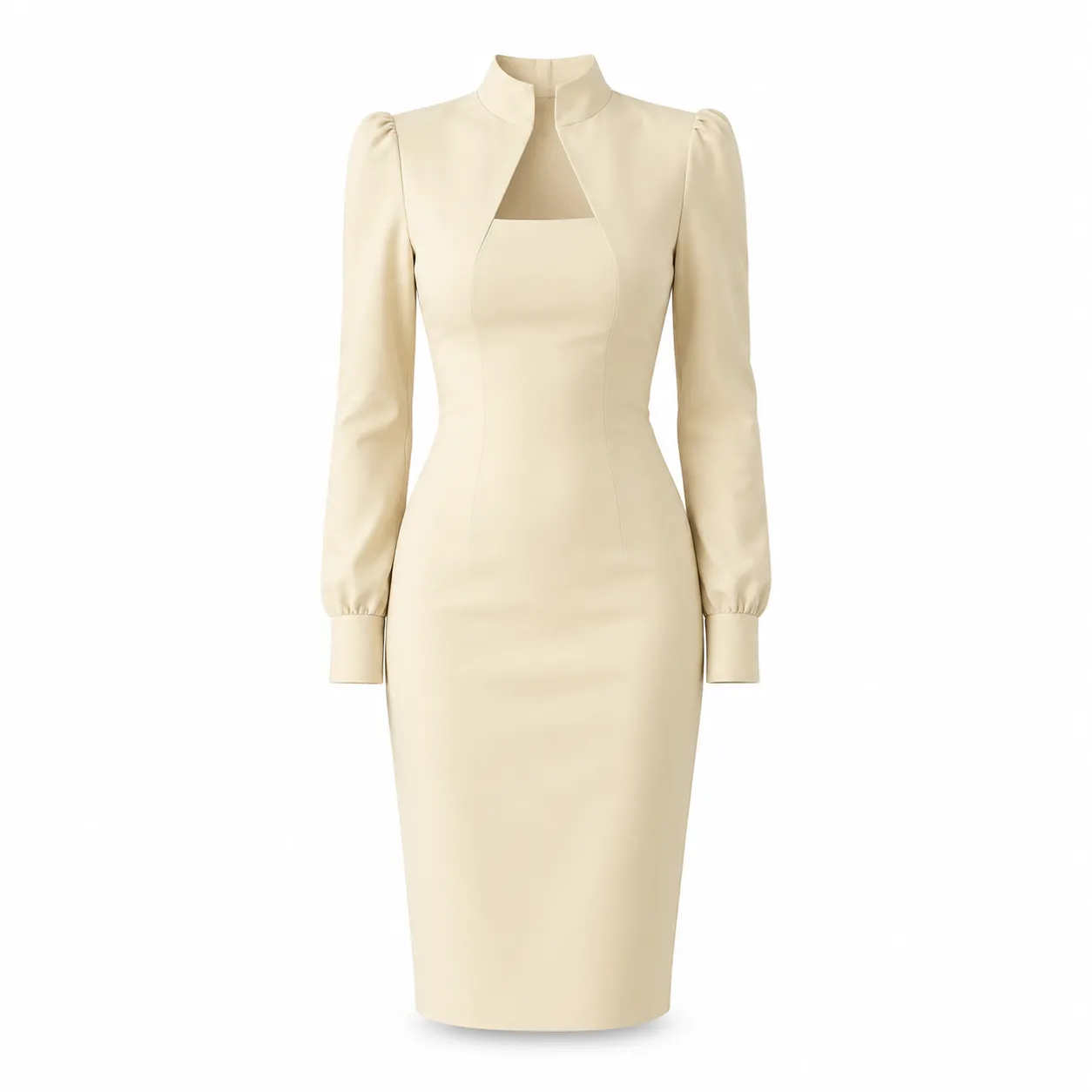 Vestido Midi Executivo Gola Alta Cut-Out