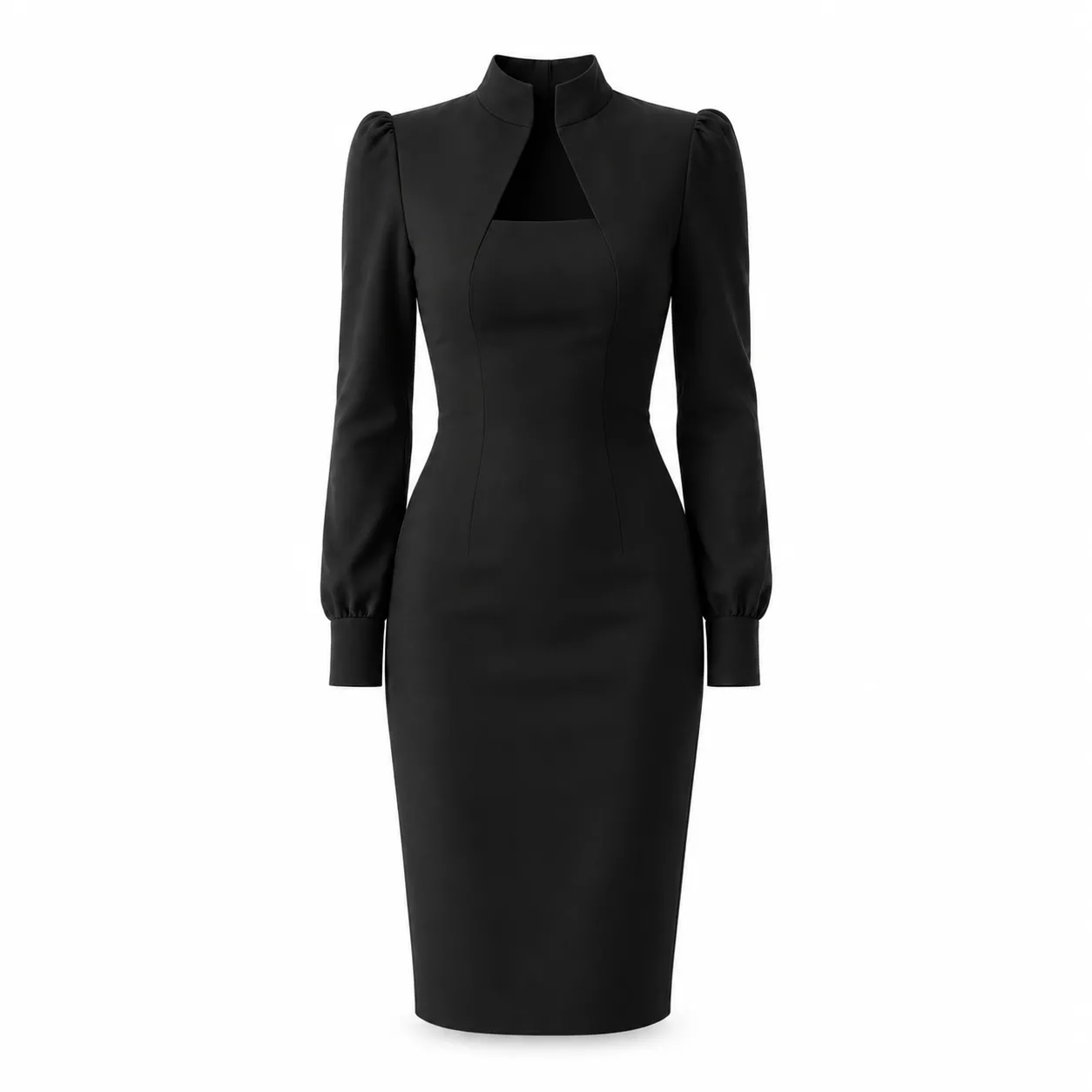Vestido Midi Executivo Gola Alta Cut-Out