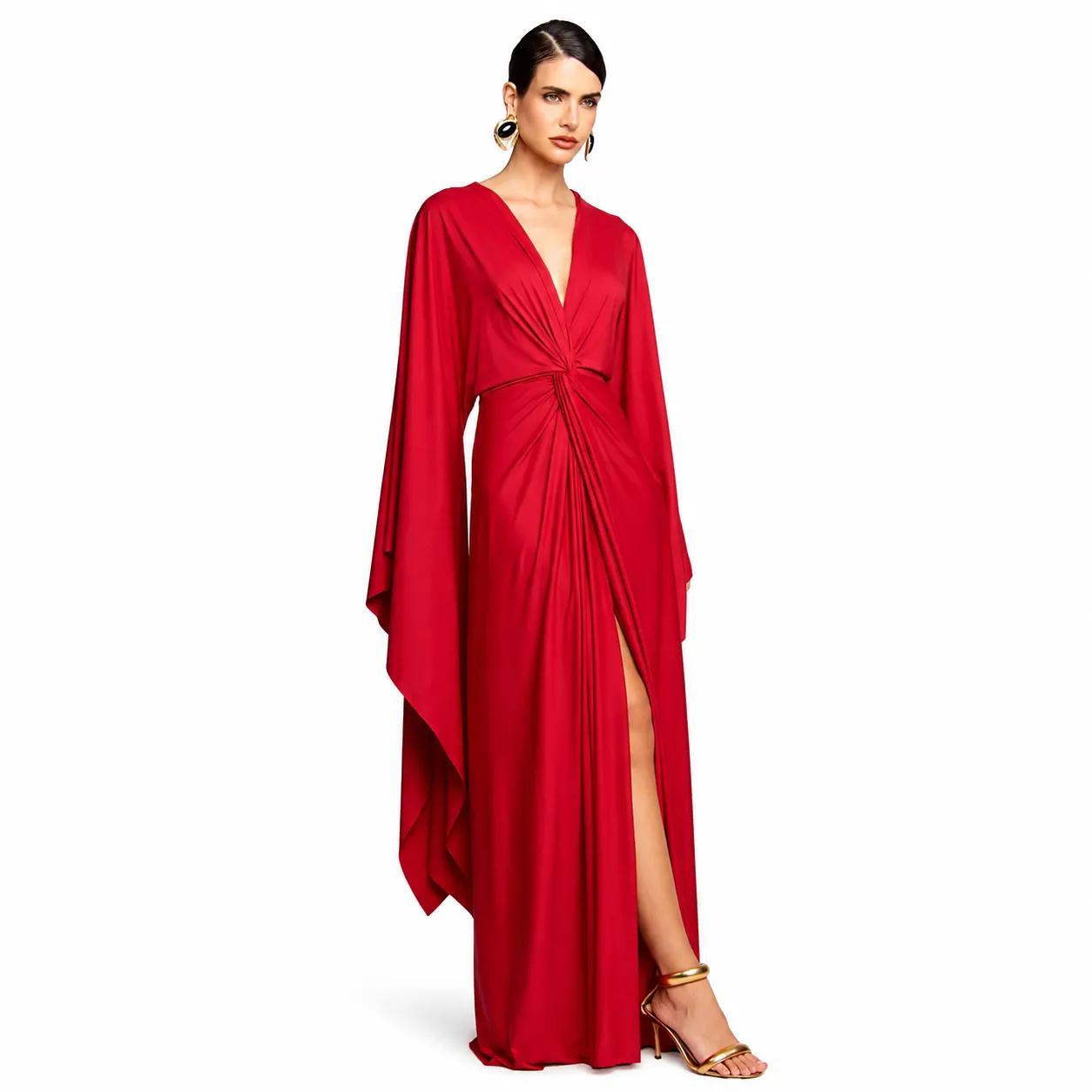 Vestido De Festa De Manga Longa Decote V Vermelho Ramona