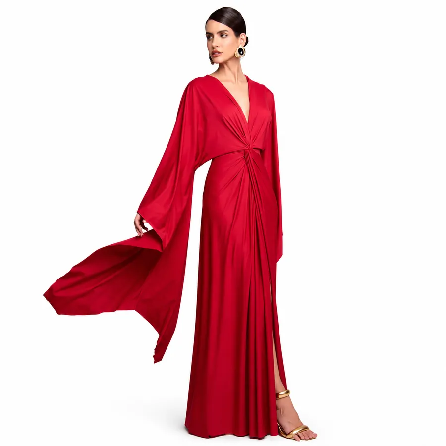 Vestido De Festa De Manga Longa Decote V Vermelho Ramona