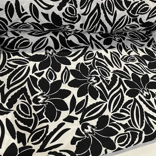 Tecido Crepe Sarjado Estampado - Floral Abstrato Preto e Branco - 1,50m de Largura | Textura Diagonal e Não Amassa
