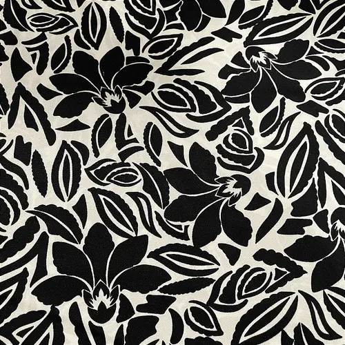 Tecido Crepe Sarjado Estampado - Floral Abstrato Preto e Branco - 1,50m de Largura | Textura Diagonal e Não Amassa