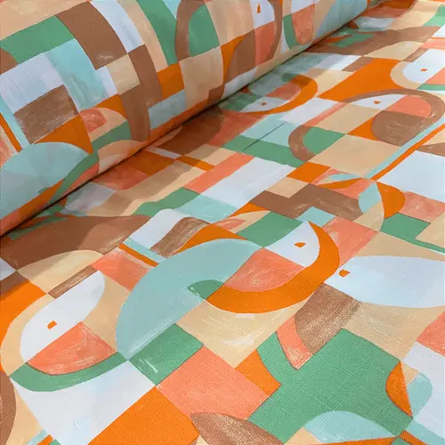 Tecido Viscolinho Estampado - Geométrico Laranjado - 1,50m de Largura | Toque Macio e Caimento Perfeito