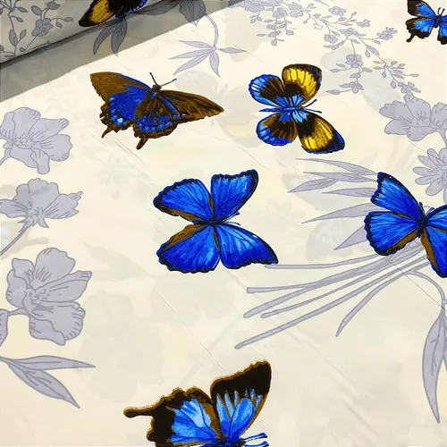 Tecido Percal Estampado 300 Fios 100% Poliéster - Borboleta Azul Royal - 2,50m de Largura | Toque Macio e Não Amassa