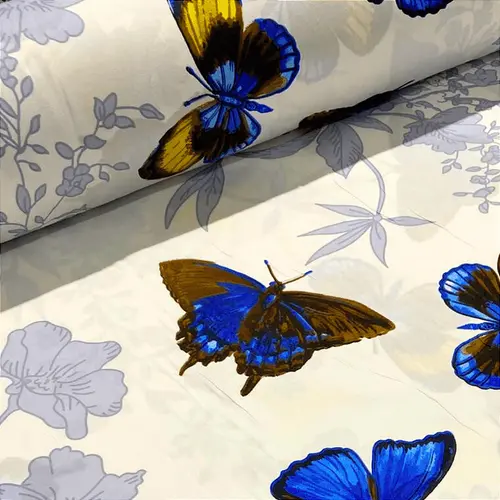 Tecido Percal Estampado 300 Fios 100% Poliéster - Borboleta Azul Royal - 2,50m de Largura | Toque Macio e Não Amassa