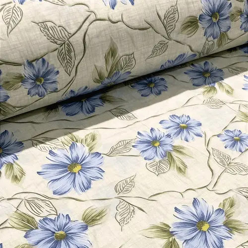 Tecido Percal Estampado 300 Fios 100% Poliéster - Floral Azul Fundo Cinza - 2,50m de Largura | Toque Macio e Não Amassa