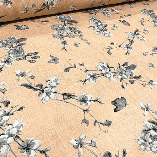 Tecido Percal Estampado 300 Fios 100% Poliéster - Ramagem Floral Cinza Fundo Laranja - 2,50m de Largura | Toque Macio e