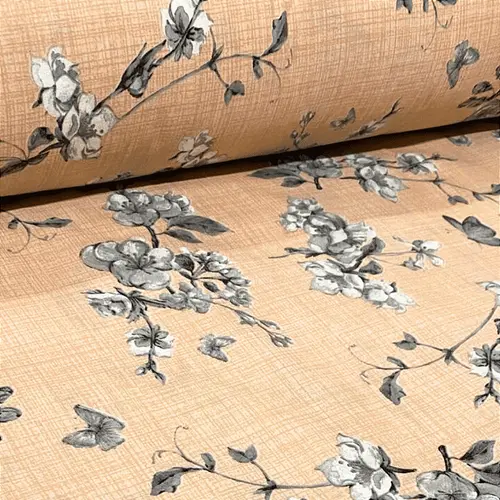 Tecido Percal Estampado 300 Fios 100% Poliéster - Ramagem Floral Cinza Fundo Laranja - 2,50m de Largura | Toque Macio e