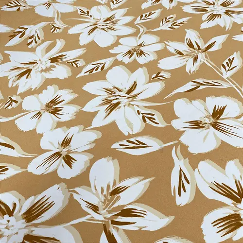 Crepe Estampado Havana - Floral Branco Fundo Bege - 1,50m de Largura
