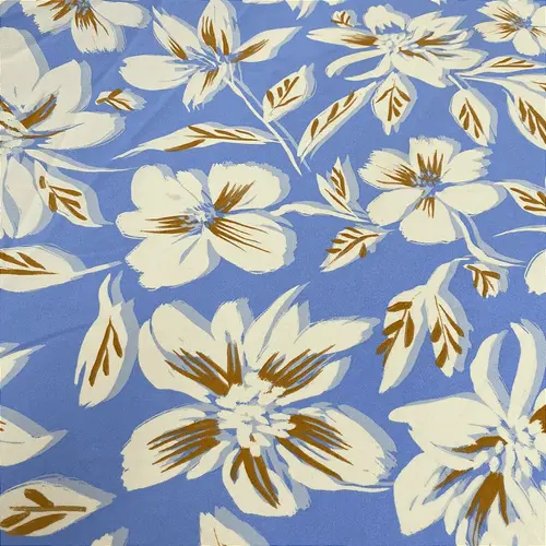 Crepe Estampado Havana - Floral Branco Fundo Azul - 1,50m de Largura