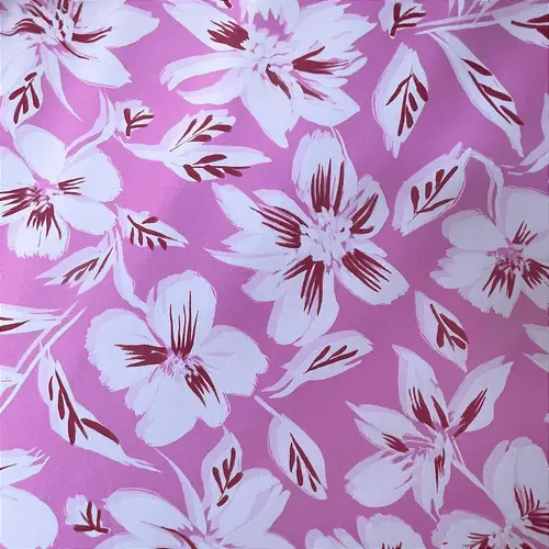 Crepe Estampado Havana - Floral Branco Fundo Rosa - 1,50m de Largura