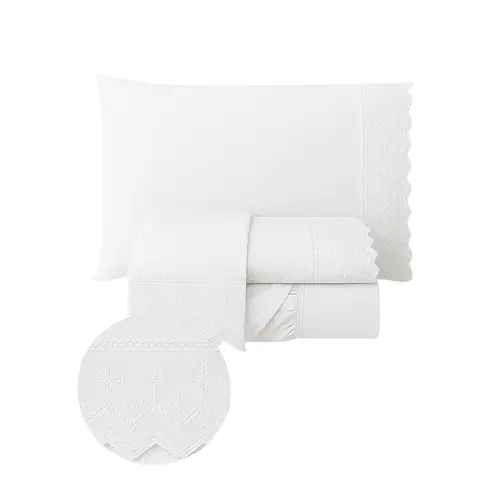 Lençol Queen Jogo de 3 Peças Percal 400 Fios Laise Bordado Inglês Branco