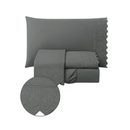Lençol King Jogo de 3 Peças Percal 400 Fios Laise Bordado Inglês Cinza